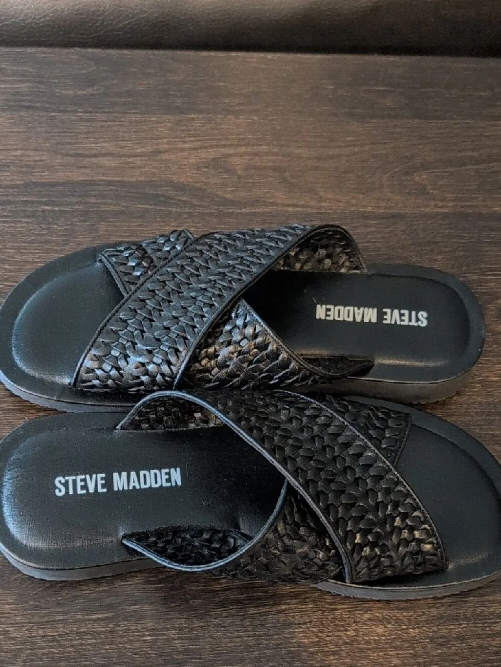 Steve Madden Black Braided Crossband Slide Sandals